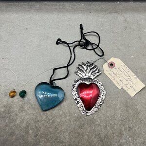 4-Hearts Bndl: 2 Mini Heart Suncatchers/Blue Glass Heart/Tin Mexico Sacred Heart